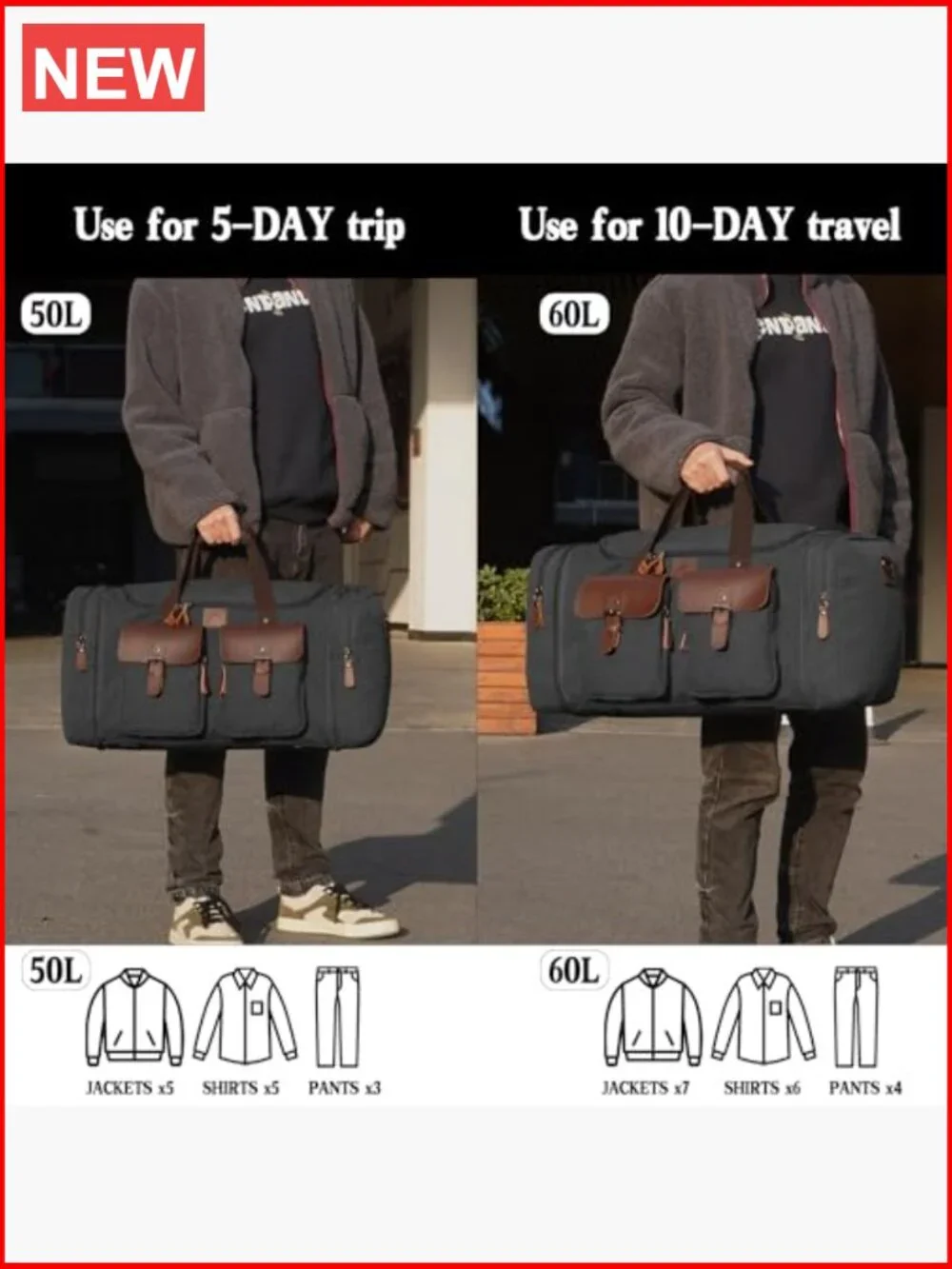 Expandable Canvas Duffle Bag 50L Travel Duffel with Genuine Leather Pockets